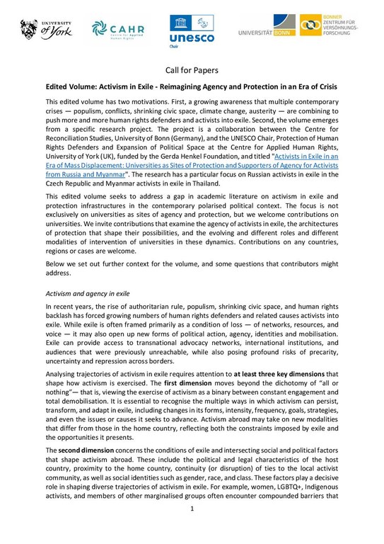 Call for Papers: Edited Volume: Activism in Exile - Reimagining Agency and Protection in an Era of Crisis
